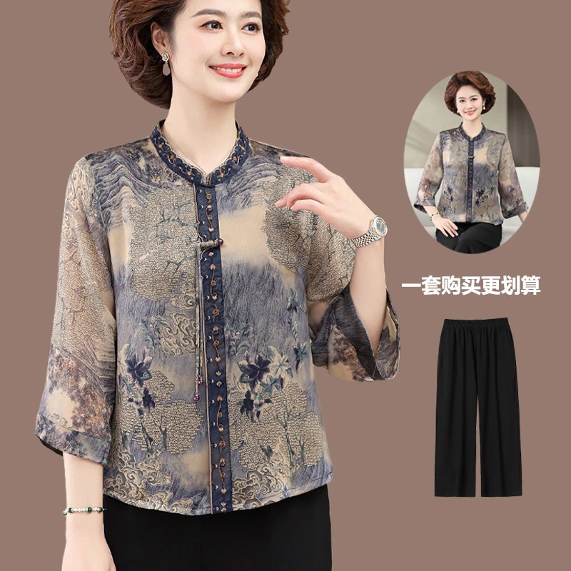 中老年妈妈套装50-60岁洋气新中式国风桑蚕丝上衣阔太太t恤小衫
