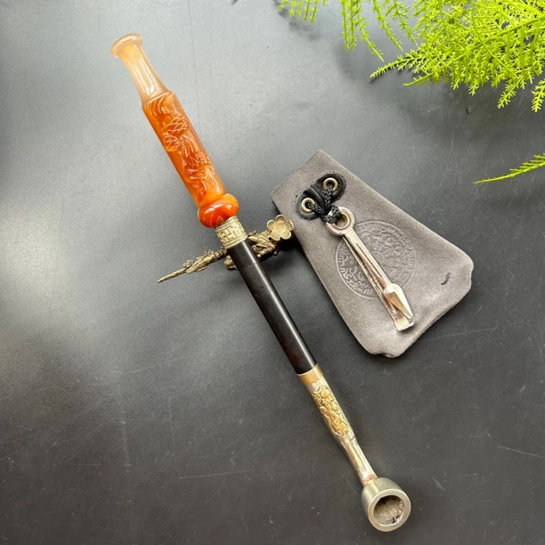 烟袋锅子雕刻玛瑙烟嘴烟斗烟具纯皮烟袋子老式旱烟袋白铜锅头烟杆