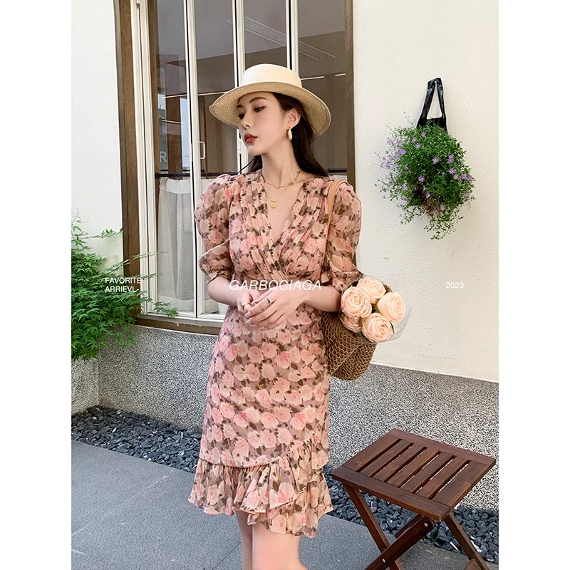 山岚蔷薇 印花灯笼袖碎花连衣裙女 6315