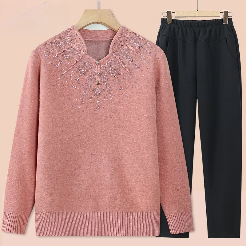 妈妈冬装加绒加厚保暖针织衫毛衣岁岁中老年女装一体绒毛衫