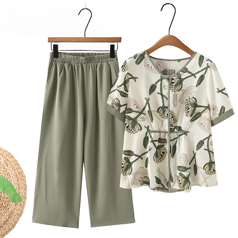 母亲节妈妈夏装套装短袖T恤中老年女装年轻妇女衣服薄款仿雪纺衫