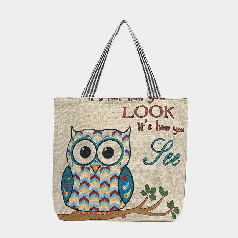 帆布包绣花托特单肩手提可爱B205猫头鹰图大容量百搭购物袋沙滩包