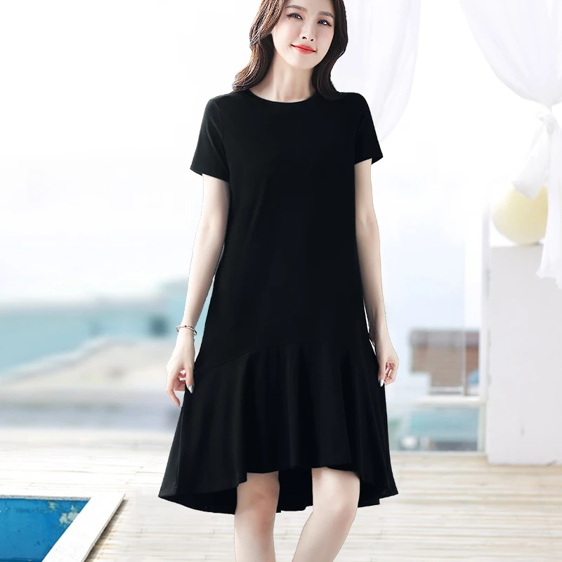 黑色弹力棉圆领短袖t恤简约花苞型不规则下摆宽松长款连衣裙#380