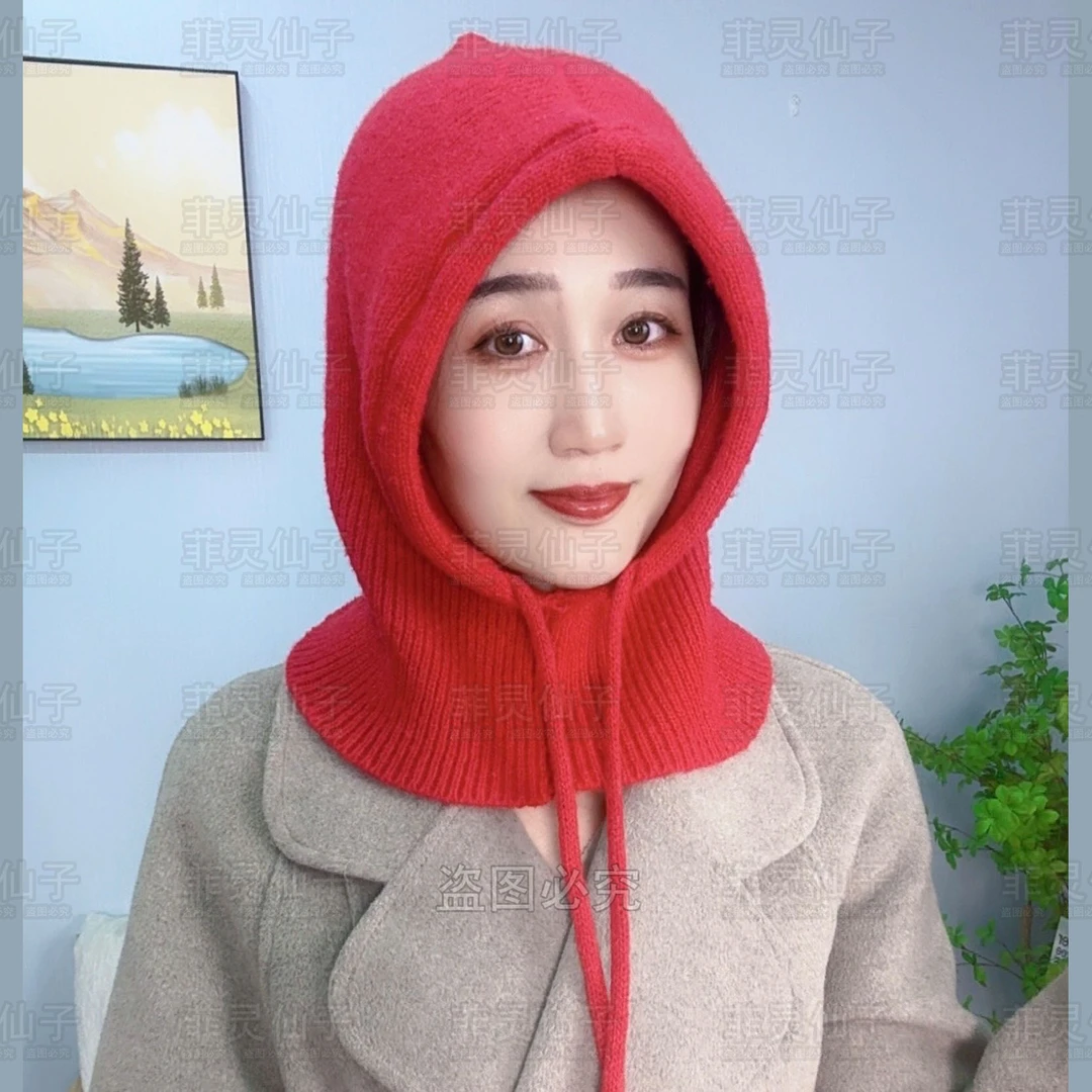 Y2024新款拉法帽帽子围脖一体围巾保暖柔软抽绳收口围脖帽子