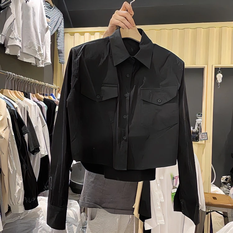 衬衣女2024早春新款单排扣POLO领纯色百搭休闲长袖衬衫女短款上衣