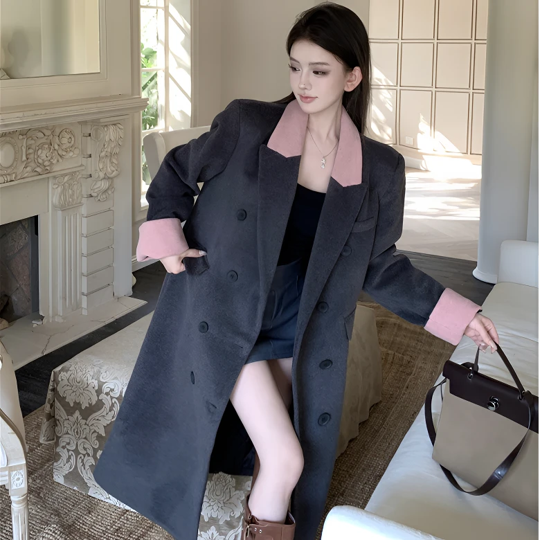 高级感超好看复古撞色外套女秋冬季新款气质时尚中长款毛呢大衣女