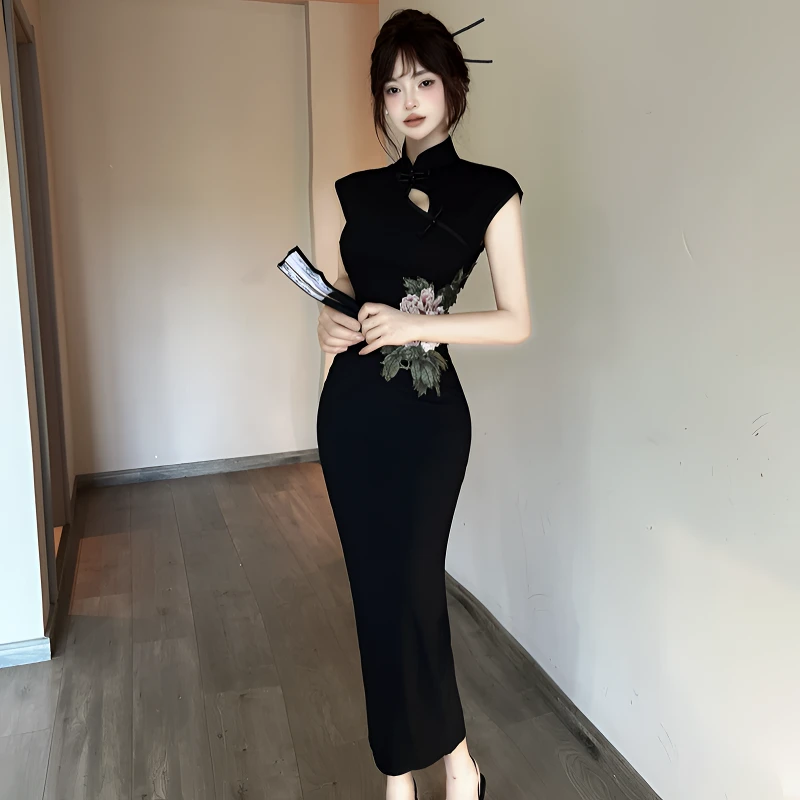 复古新中式改良玫瑰刺绣旗袍连衣裙女气质修身显瘦气质黑色长裙