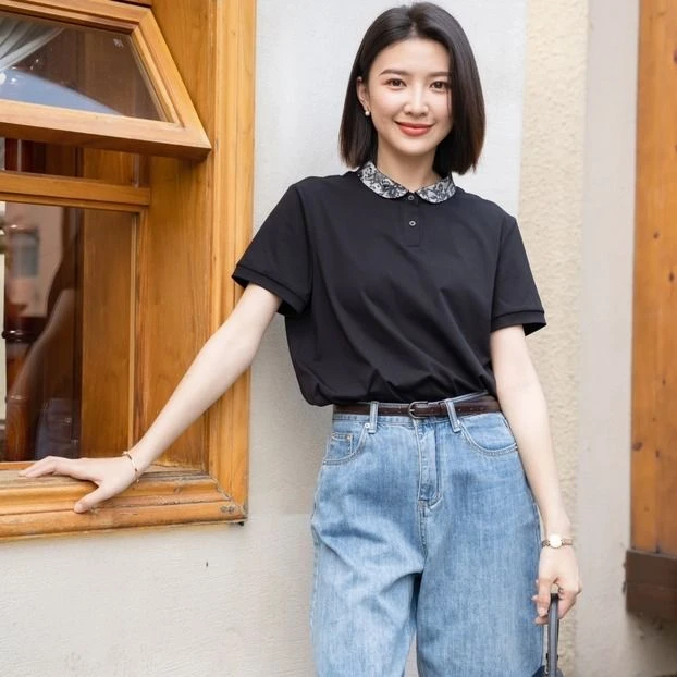 Yun/韫夏季新款时尚简约透气蕾丝圆领针织T B24213526 Z