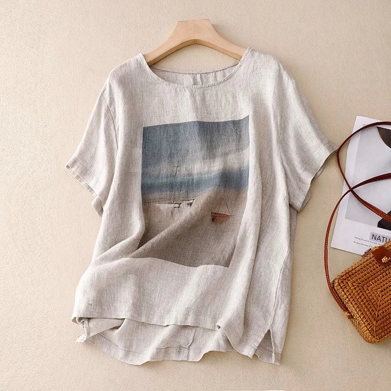 2024夏季新款复古棉麻印花上衣女宽松套头文艺复古休闲短袖T恤潮