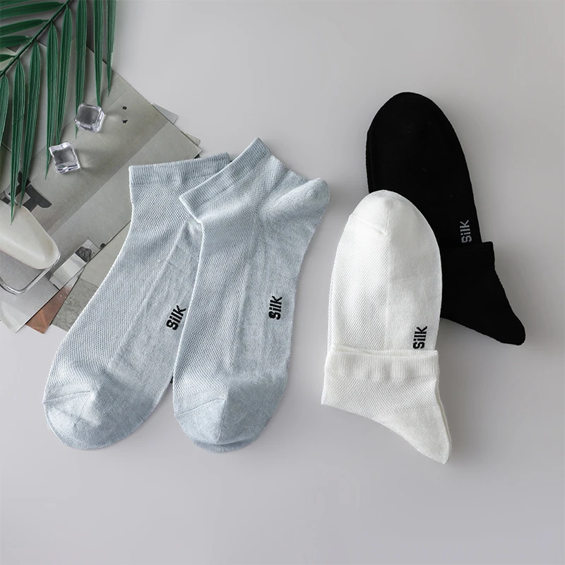 桑蚕丝男士透气孔短袜 弹力袜口舒适不紧绷 吸湿排汗真丝低帮袜子