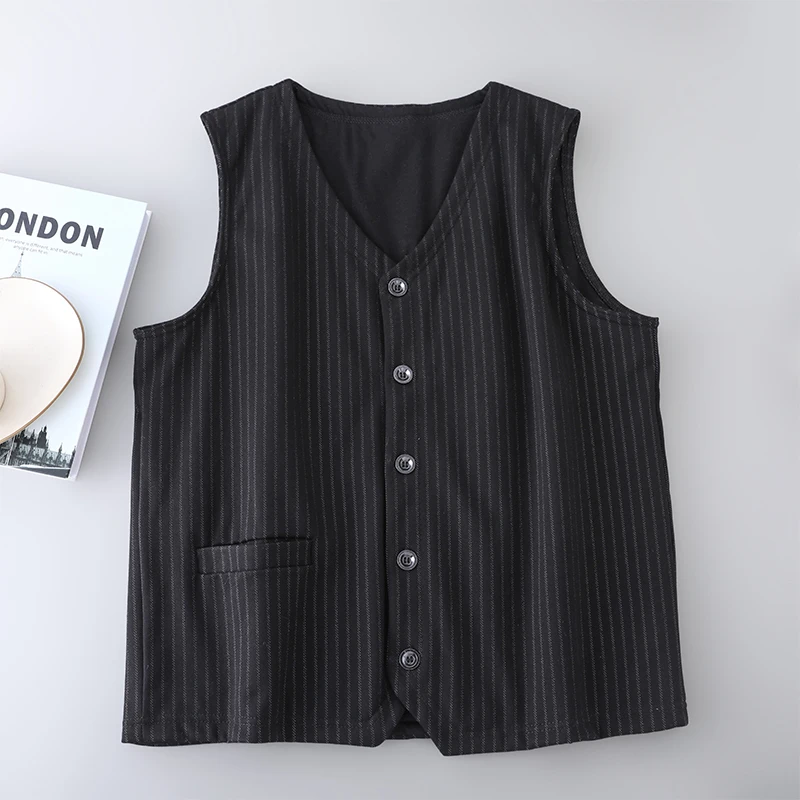 秋冬男士100%桑蚕丝填充马甲 经典条纹日常百搭真丝V领保暖背心