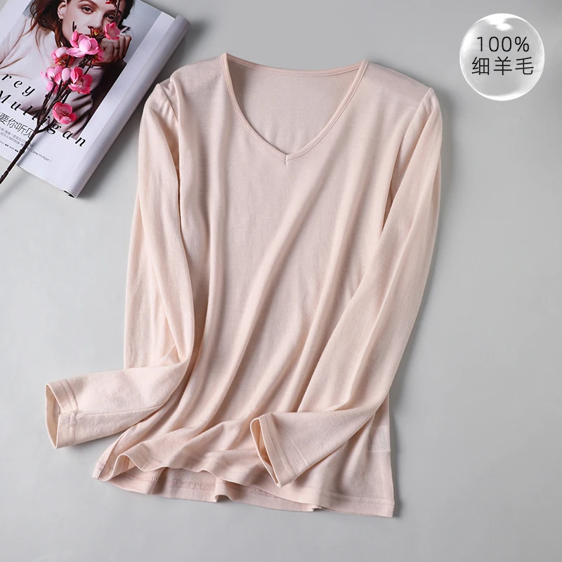 100%超细纯羊毛保暖上衣 经典圆领简单大气长袖修身内搭打底衫女