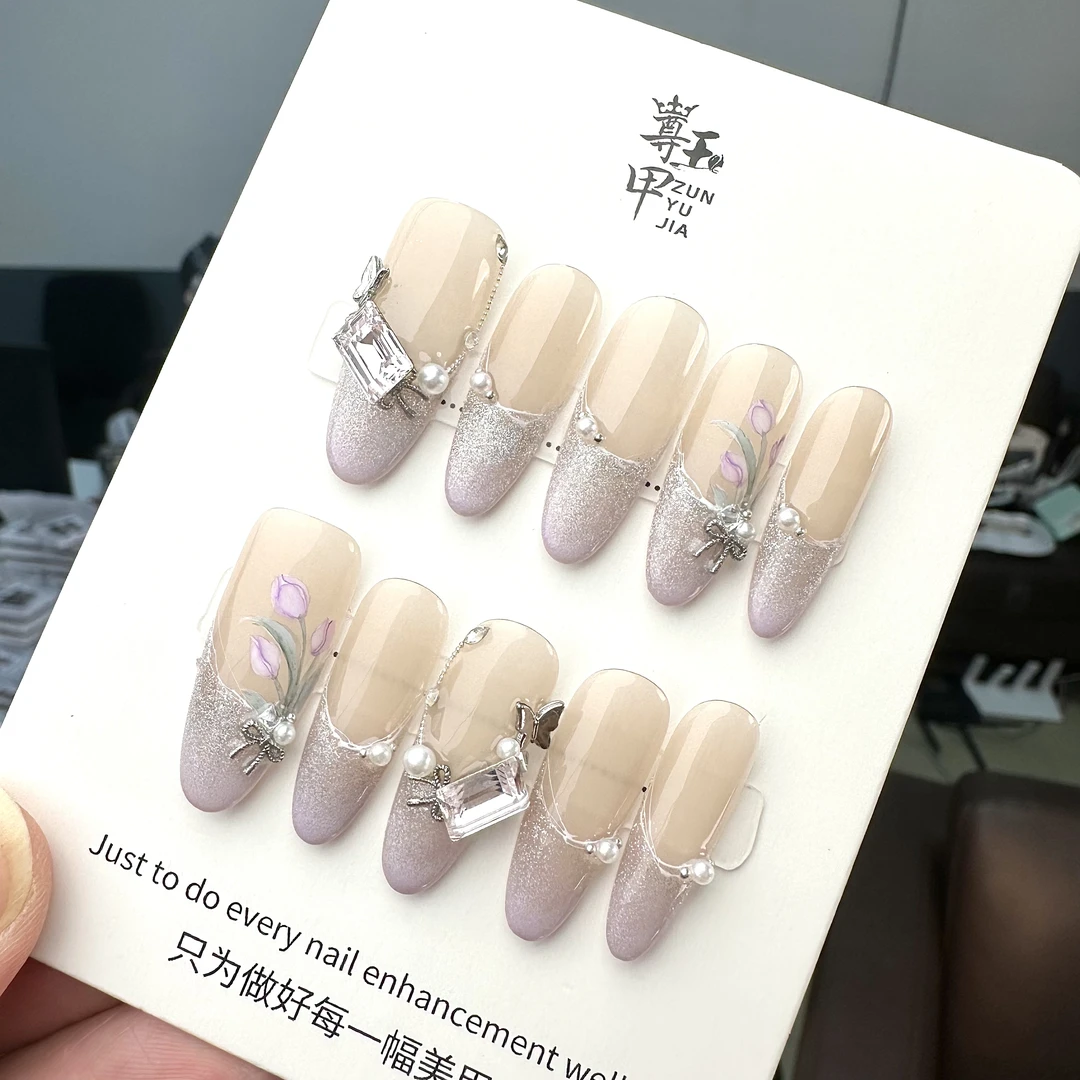 【蓝银草】纯手绘郁金香2024新款美甲法式夏日