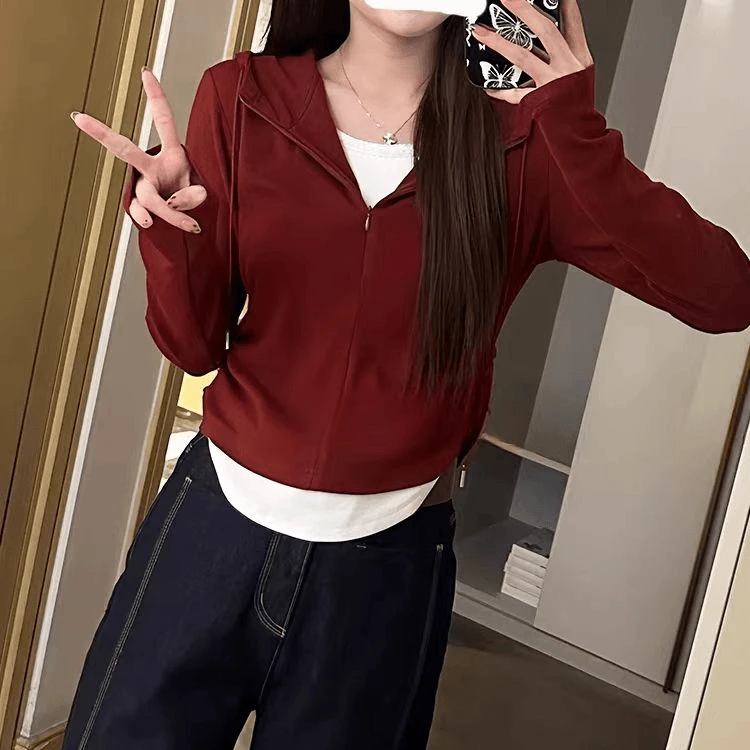 韩系安格拉红假两件长袖T恤女2024早秋新款设计感小众连帽打底衫