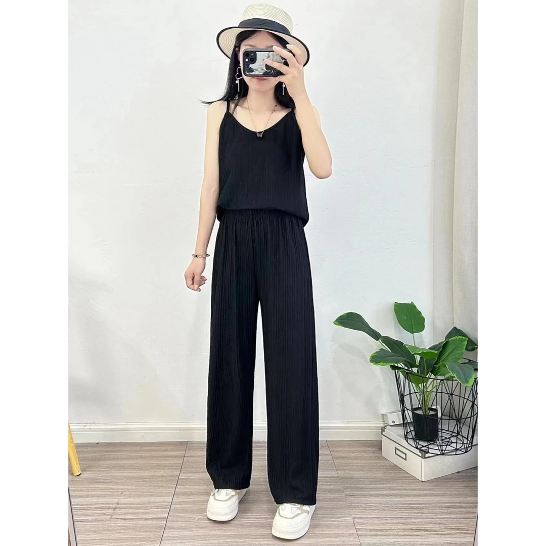 宽松百搭直筒长裤套装赫本风褶皱遮肚ins气质休闲舒适家居服简约