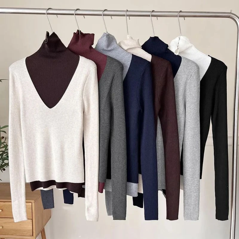 高领撞色假两件针织衫女秋冬修身显瘦百搭时髦保暖打底上衣毛衣潮