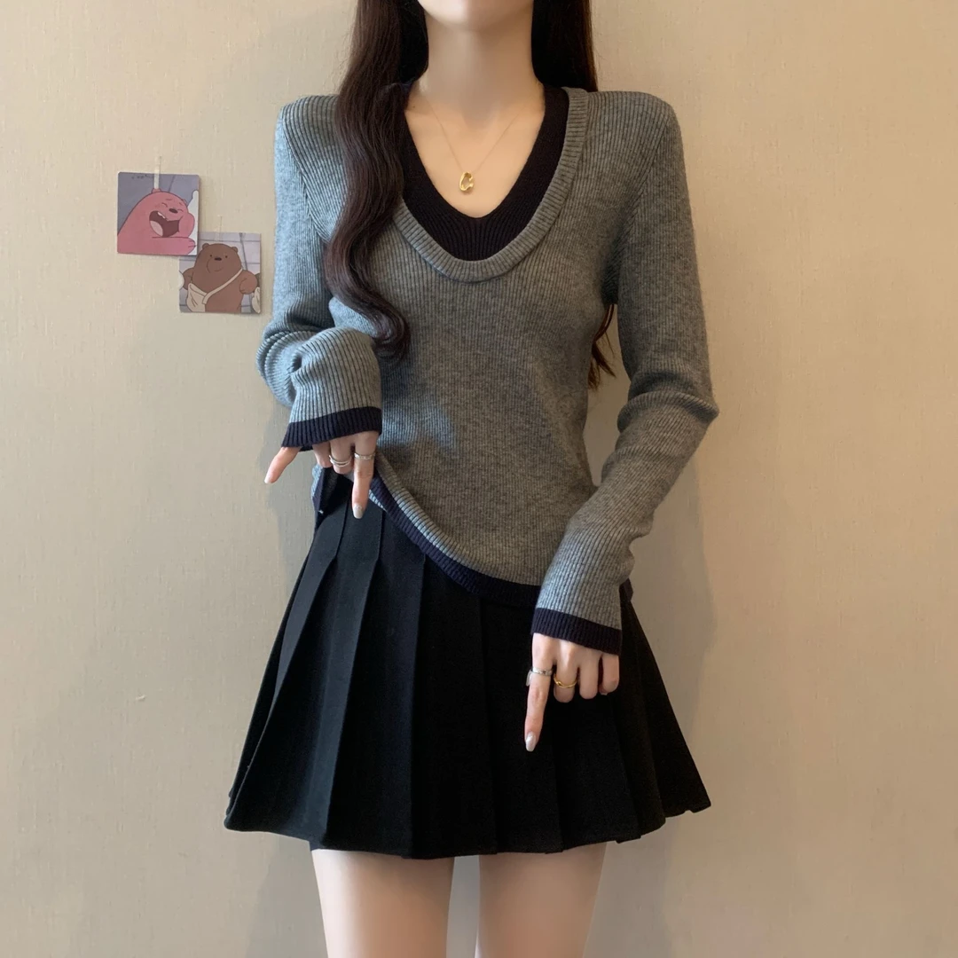 秋季新款撞色假两件拼接V领针织衫女长袖打底毛衣内搭修身上衣潮