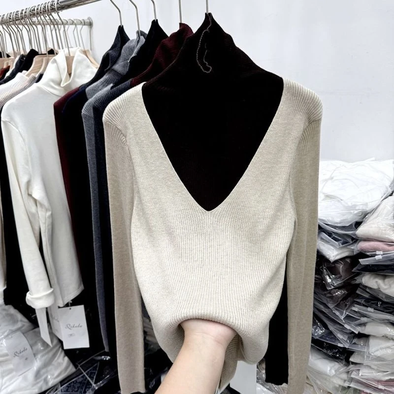 秋冬2024新款撞色假两件高领针织衫修身显瘦百搭毛衣内搭打底衫女