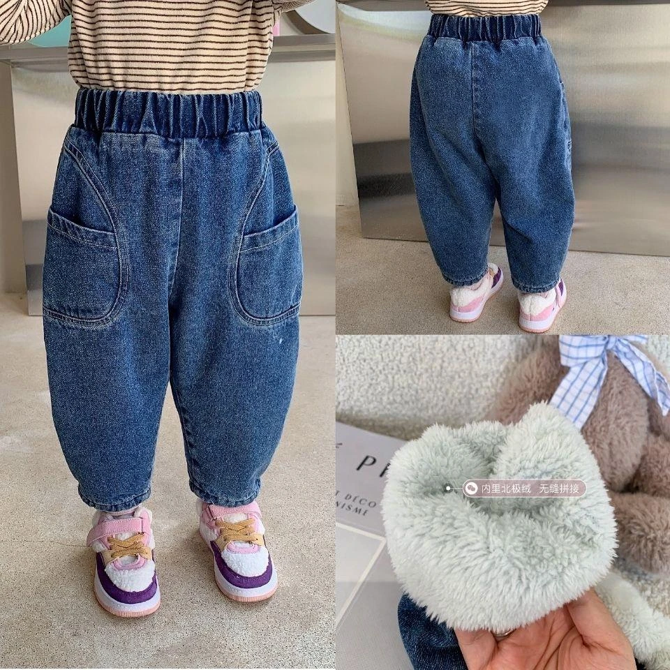 女童加绒裤子中小童冬季厚款宝宝牛仔裤秋冬加厚韩版洋气IA
