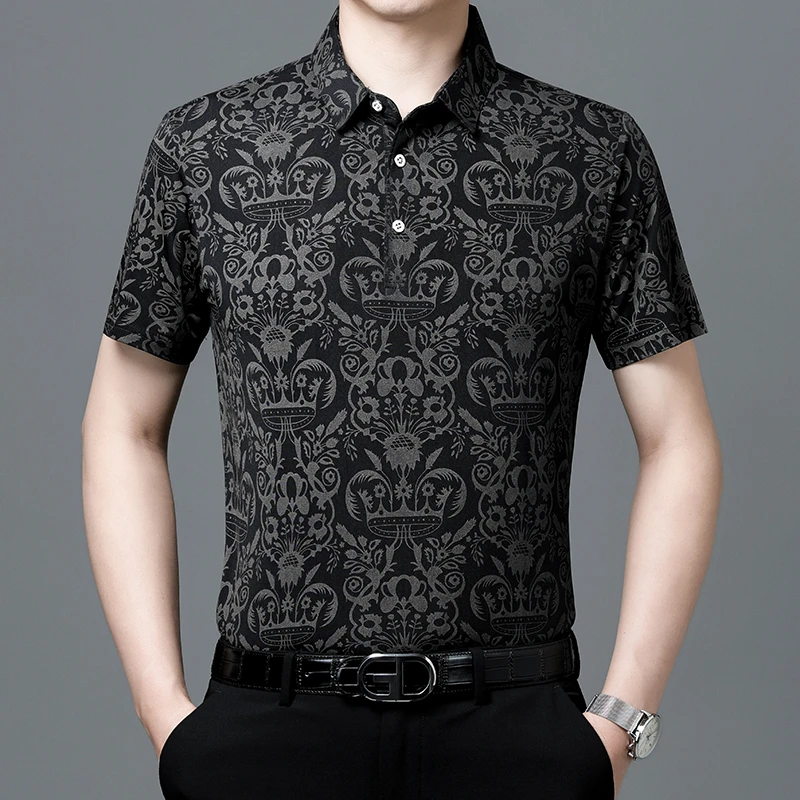 112春夏短袖薄款印花宽松弹力中年男士衬衫透气冰感高弹衬衣大码