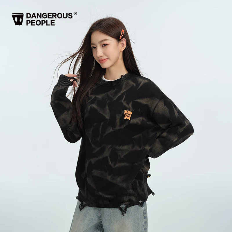 Dangerouspeople薛之谦dsp秋季薄款休闲潮宽松做旧破洞百搭毛衣