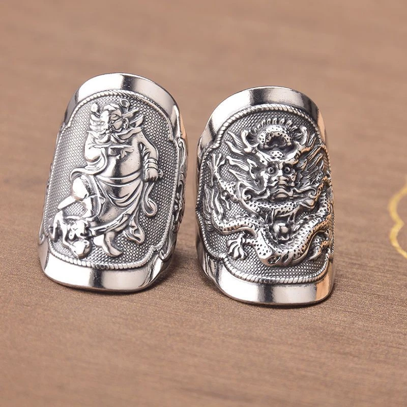 足银戒指 990足银复古中国风个性时尚潮流霸气盘龙纹钟馗开口戒指