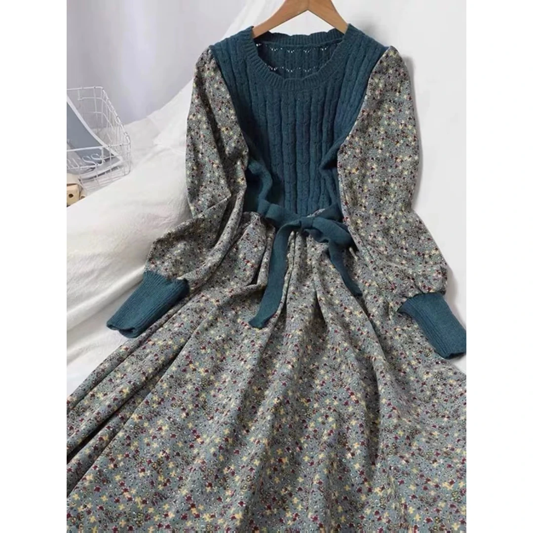 K571   韩版拼接绑带显瘦针织长裙子碎花连衣裙女