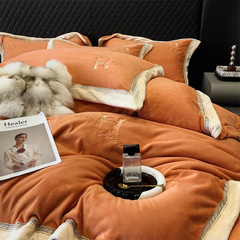 绒丝爱【维也纳斯】加厚加绒宽边刺绣四件套双面雪绒抗静电床上用品