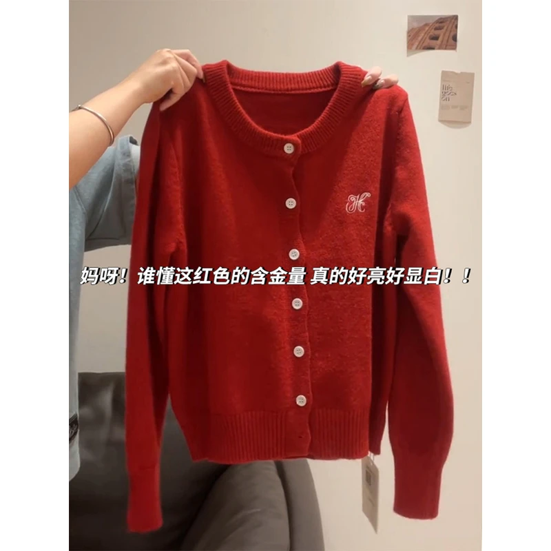 安哥拉红圣诞毛衣开衫外套女秋冬新款设计感刺绣针织韩系外搭上衣