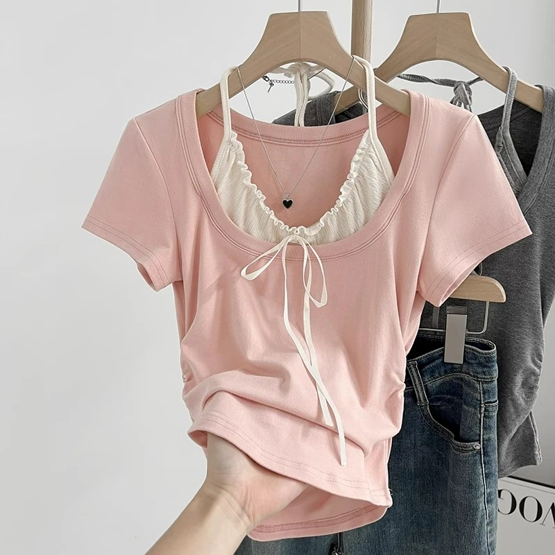 粉色甜辣妹正肩短袖T恤女夏季蝴蝶结褶皱收腰紧身短款假两件上衣