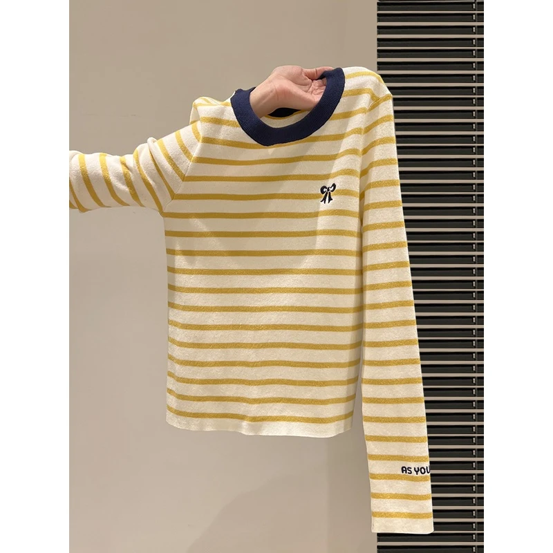 韩系条纹针织衫上衣女秋冬款2024新款爆款慵懒风高级感小个子毛衣