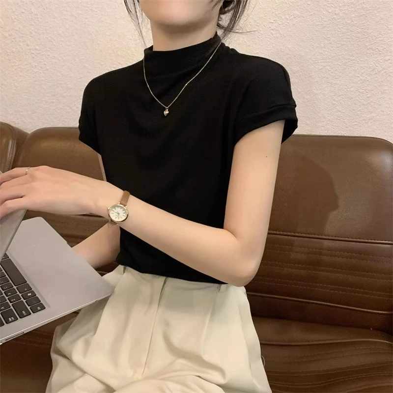 纯色半高领打底衫女外穿春夏新款洋气百搭飞飞袖甜美修身短袖上衣