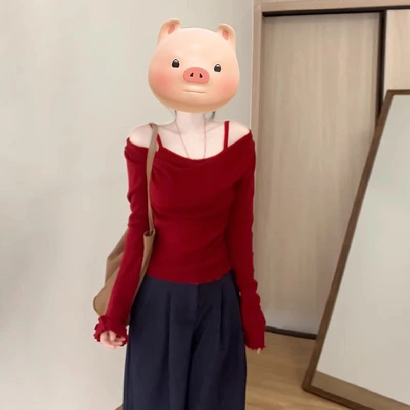 圣诞红氛围感假两件设计感长袖针织打底衫女内搭冬季一字斜领上衣