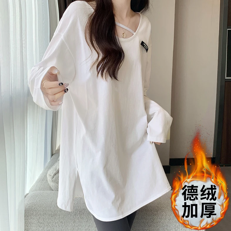 白色打底衫内搭女秋冬装中长款遮屁股叠穿宽松显瘦保暖加厚上衣T