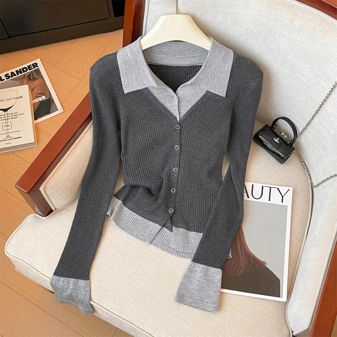 假两件撞色长袖针织衫女秋冬新款单排扣开衫修身显瘦翻领别致上衣