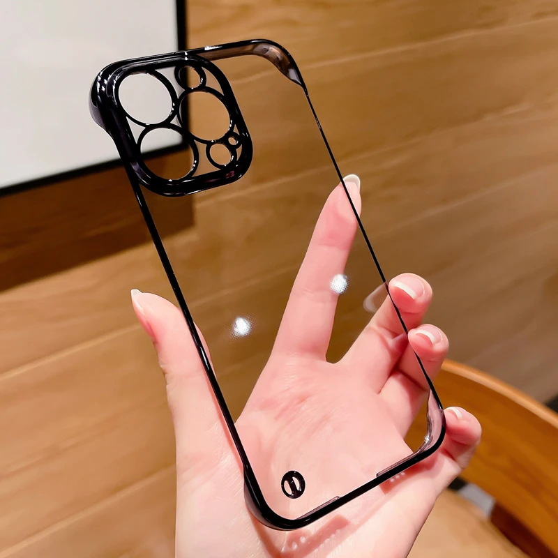电镀超薄无边框透明硬适用于苹果iPhone15pro/14/13/12手机壳硬男