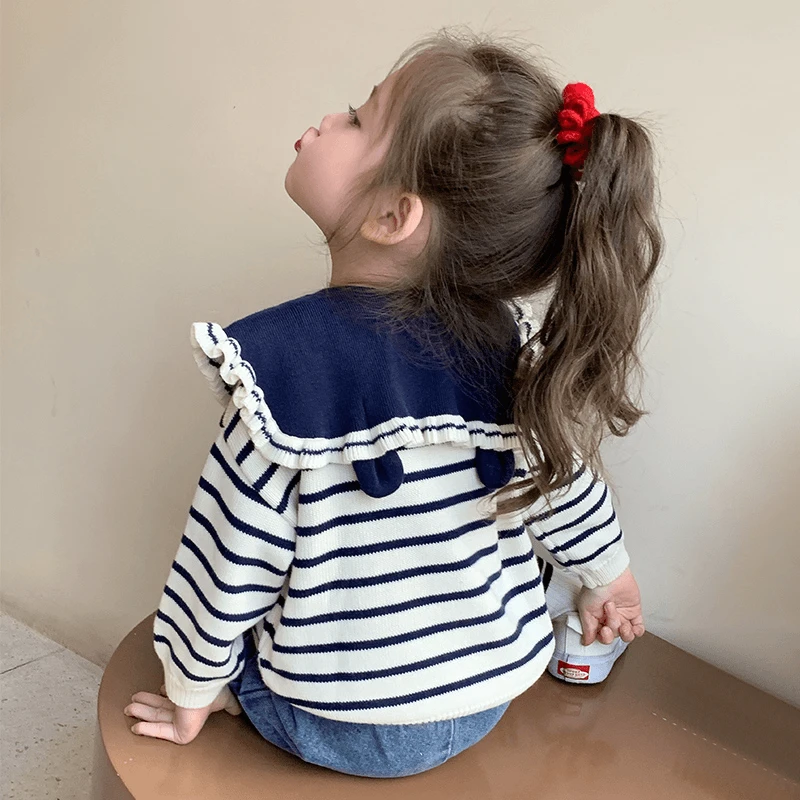 女童条纹毛衣2024新款儿童秋冬装韩版海军风翻领女宝宝冬季针织衫