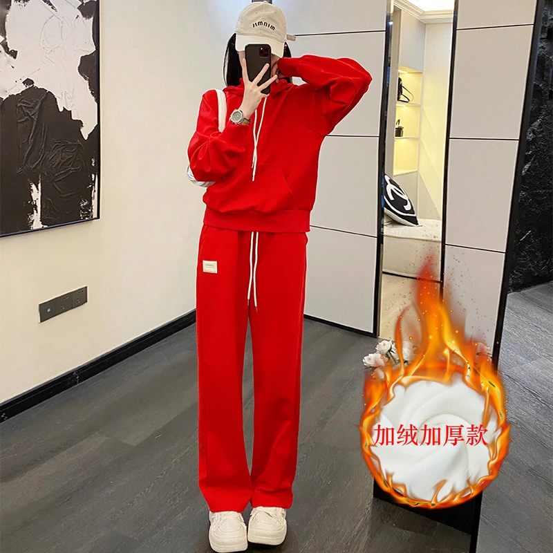 欧货红色连帽卫衣运动服套装女秋冬2024新款加绒加厚时尚减龄两件