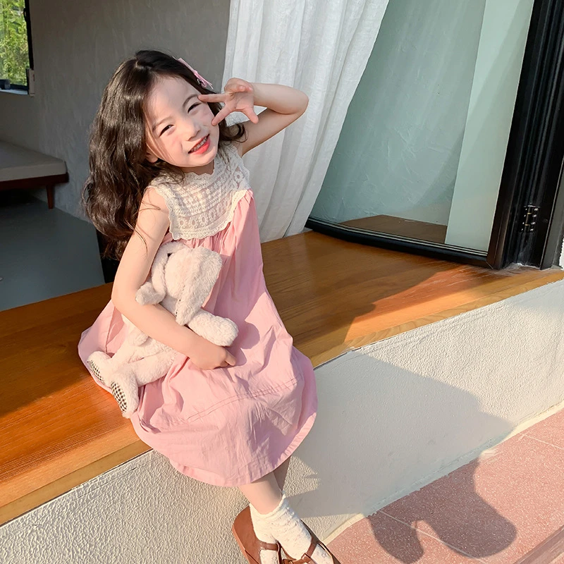 女童洋气粉色蕾丝绣花公主背心裙夏季儿童气质无袖连衣裙XT-77266