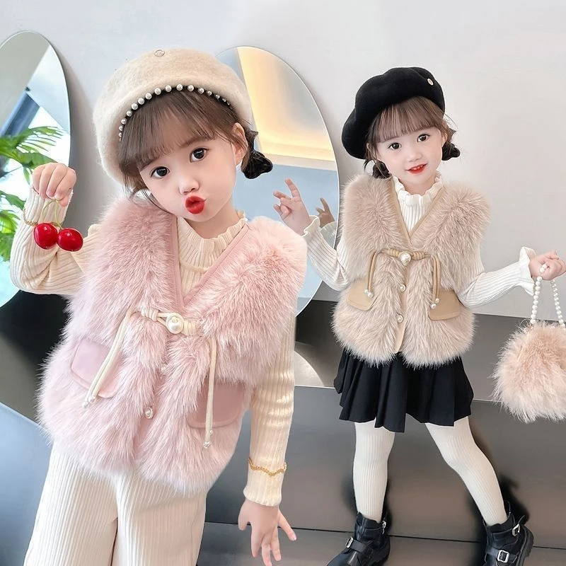 6Y80女童马甲新款秋冬小童粉色珍珠扣洋气时髦外穿女宝宝皮草马夹
