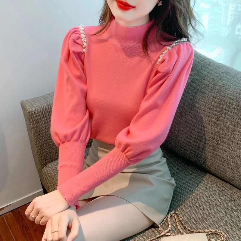 半高领打底毛衣女秋冬新款洋气百搭显瘦修身内搭泡泡袖针织衫上衣