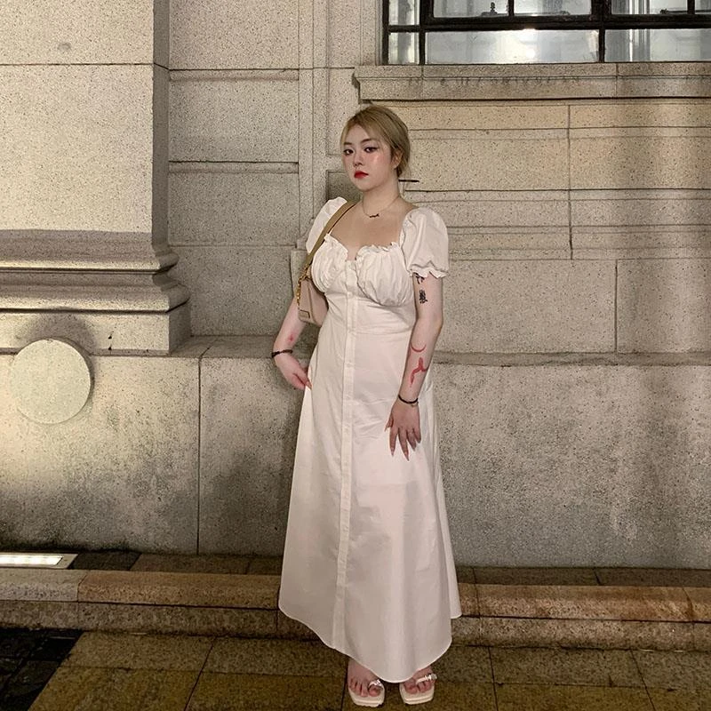 大码女装胖mm一字肩收腰遮肚子长款连衣裙2023夏季白色仙女初恋裙