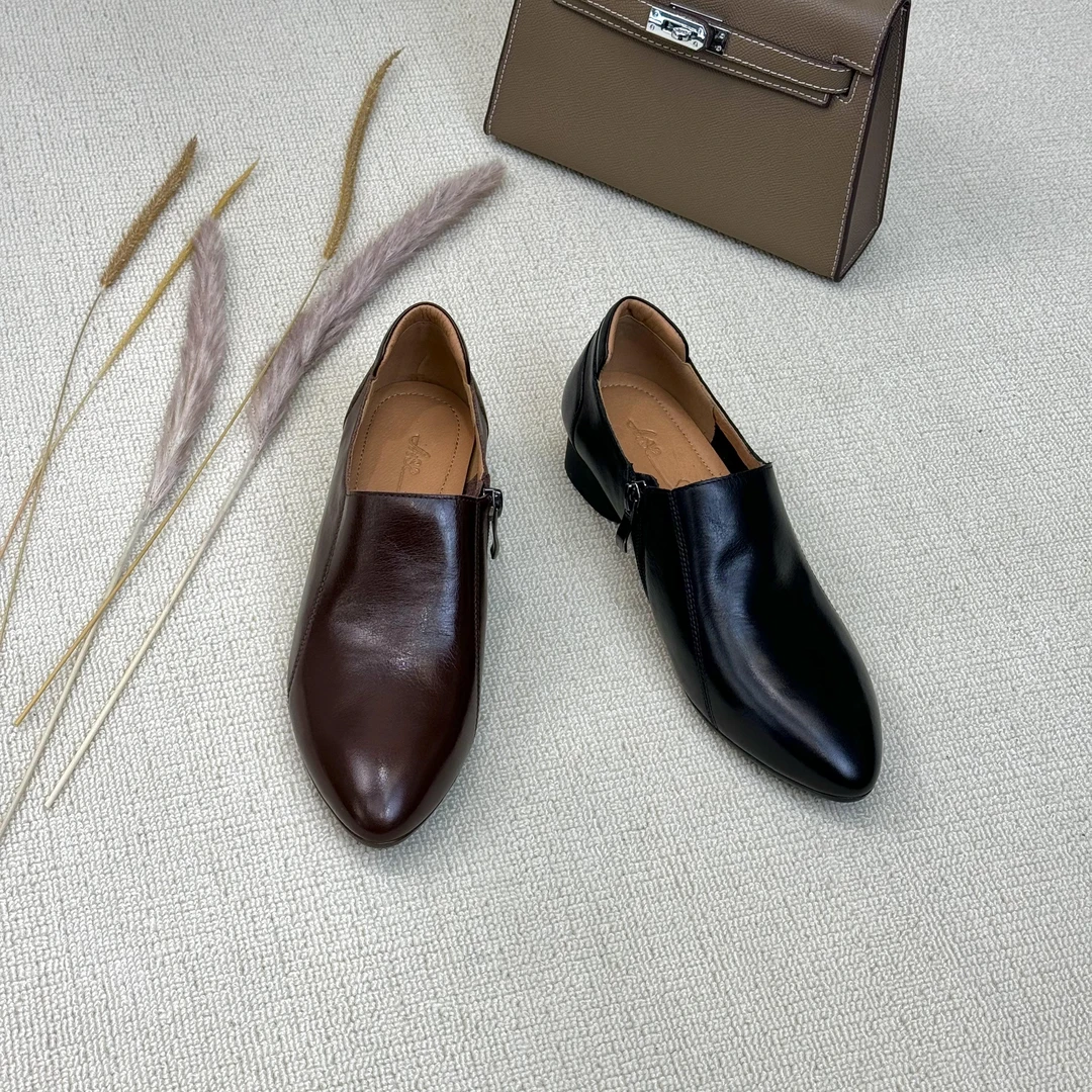 低跟真皮单鞋女鞋黑色复古棕色商务英伦风舒适时尚