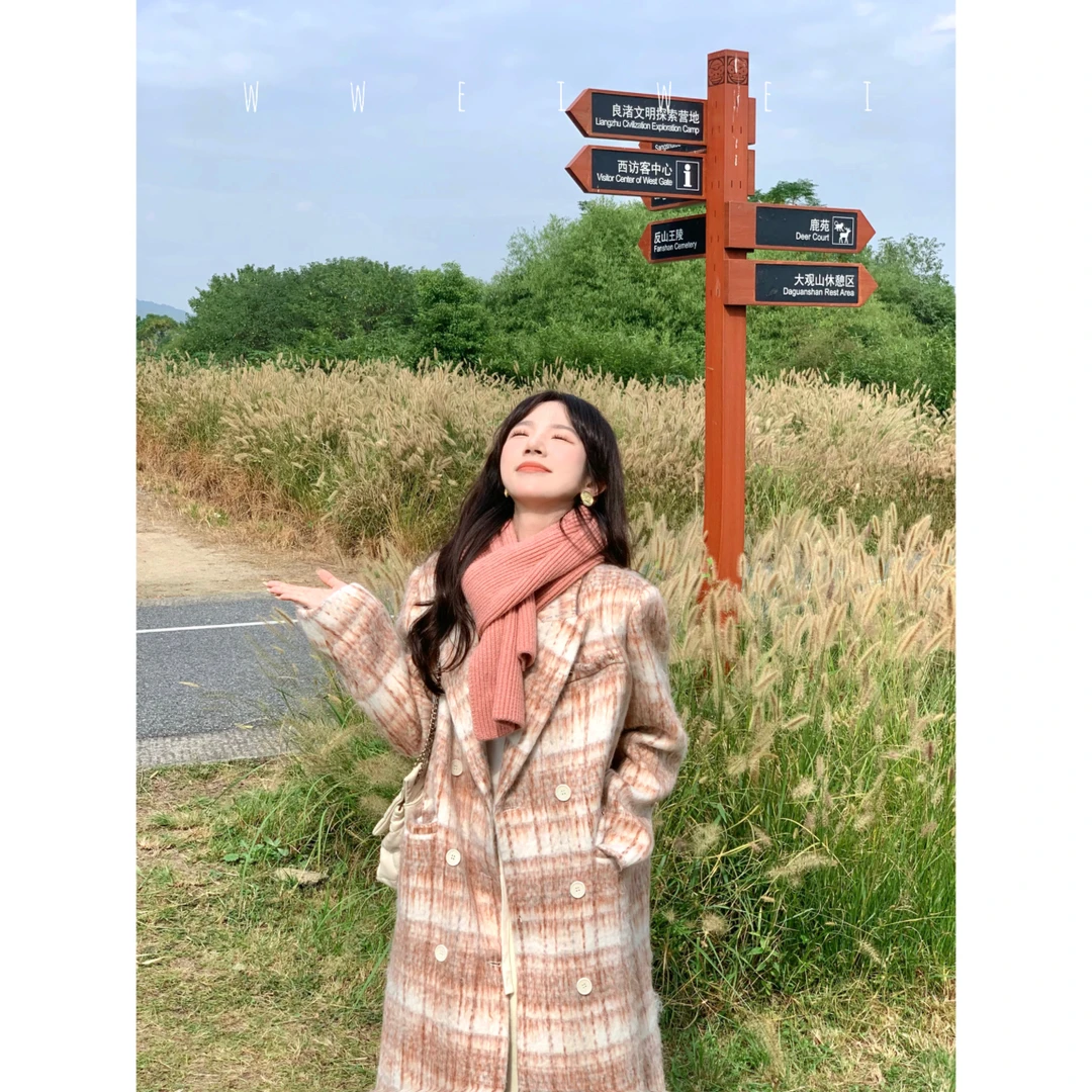 是玮玮哦【心动美学】韩系秋冬新款格子宽松显瘦中长款毛呢外套