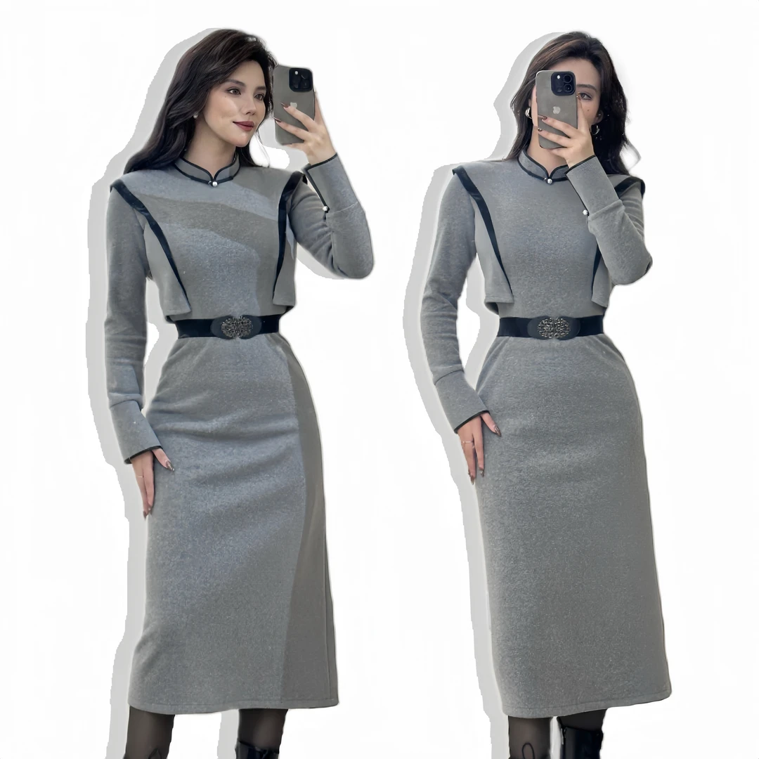 【大树蒙古袍】大树蒙氏秋冬款外翻马蹄袖拼接款连衣裙百搭时尚打底