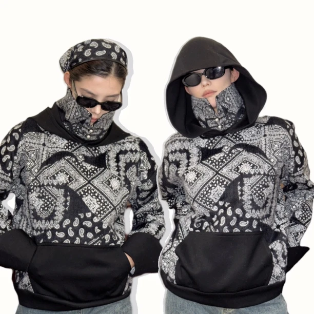 【大树蒙古袍】冬季新款黑色拼接立领连帽卫衣马蹄袖设计款