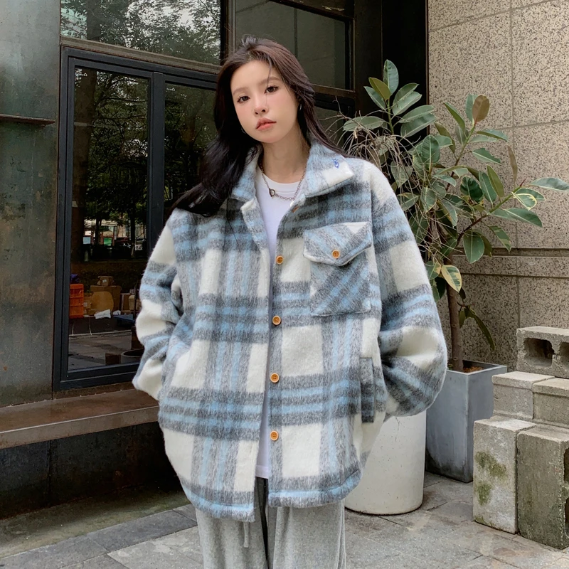格子毛呢外套女复古加厚格子衬衫外套小个子宽松休闲大衣百搭秋冬