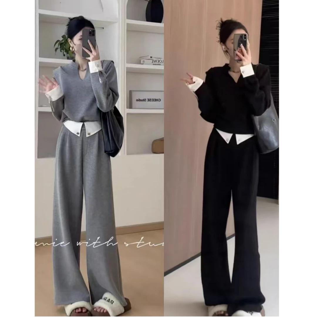 9339时尚小香风套装女长袖V领拼接气质上衣高腰休闲裤子两件套