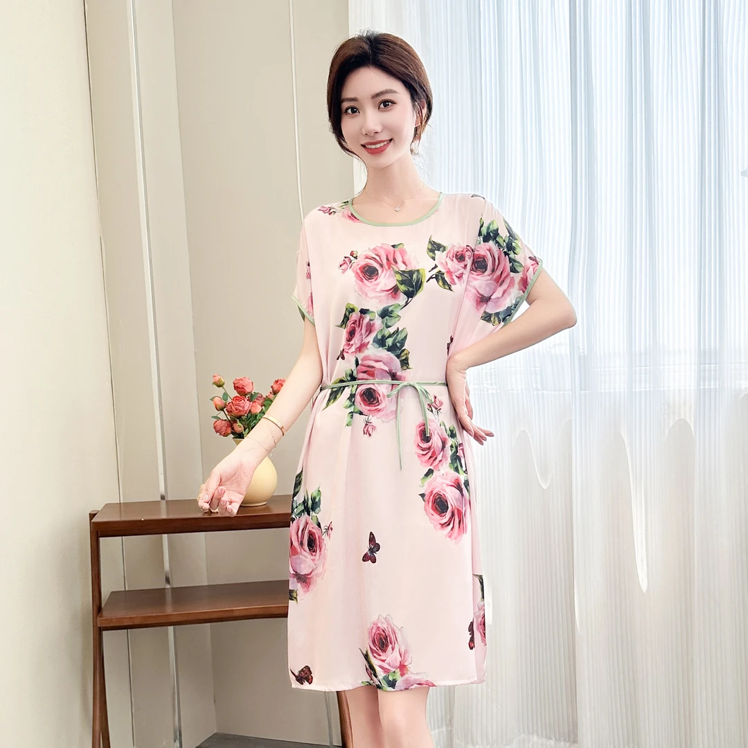 花衣蝶玫瑰连衣裙女冰丝睡衣2025薄款短袖高档家居服宽松睡裙