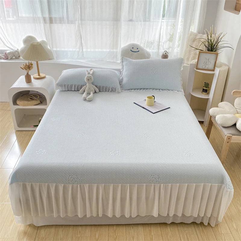 新款乙纶氨纶抗菌9D凉豆豆提花床裙款豆豆公主风防滑床纯色床笠